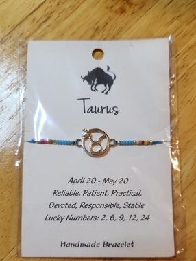 Hand Crafted Taurus Bracelet - Blue and Gold with Multicolor Beads